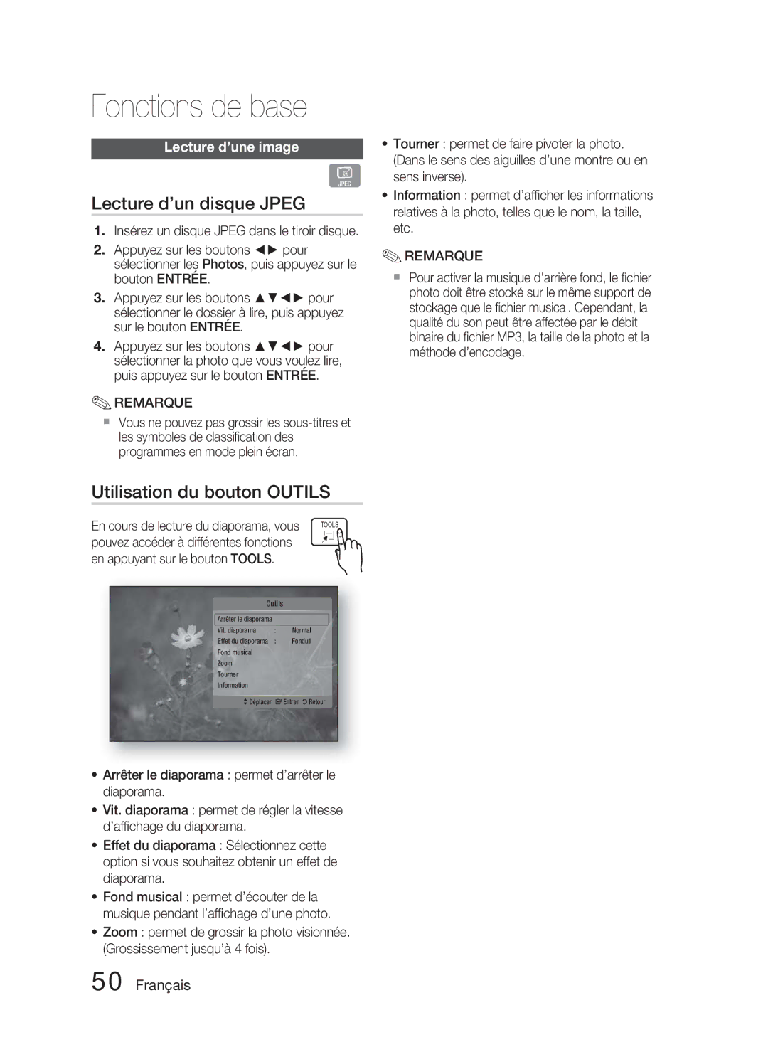 Samsung HT-C5800/XEE, HT-C5800/EDC manual Lecture d’un disque Jpeg, Utilisation du bouton Outils, Lecture d’une image 