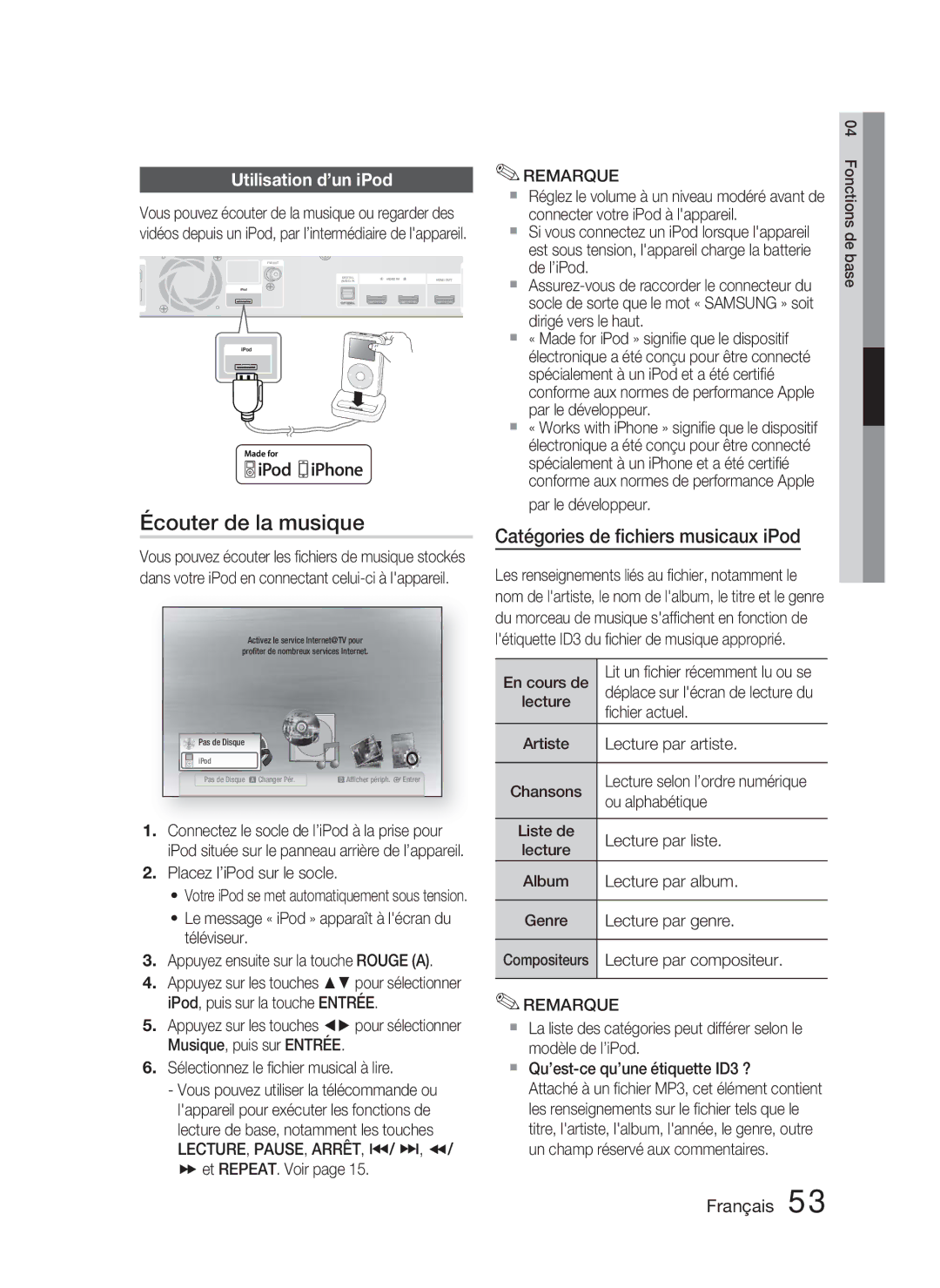 Samsung HT-C5800/XEE, HT-C5800/EDC manual Écouter de la musique, Catégories de ﬁchiers musicaux iPod, Utilisation d’un iPod 