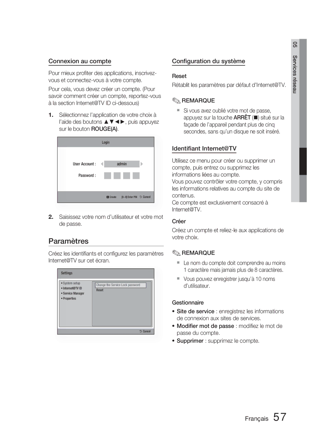 Samsung HT-C5800/EDC, HT-C5800/XEF manual Paramètres, Connexion au compte, Conﬁguration du système, Identiﬁant Internet@TV 