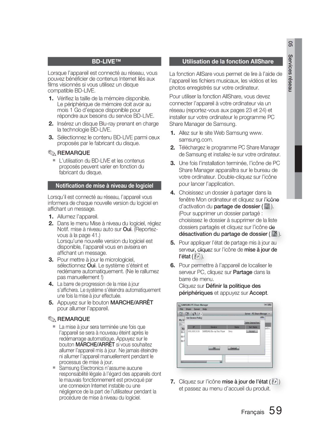 Samsung HT-C5800/XEE, HT-C5800/EDC manual Notiﬁcation de mise à niveau de logiciel, Utilisation de la fonction AllShare 