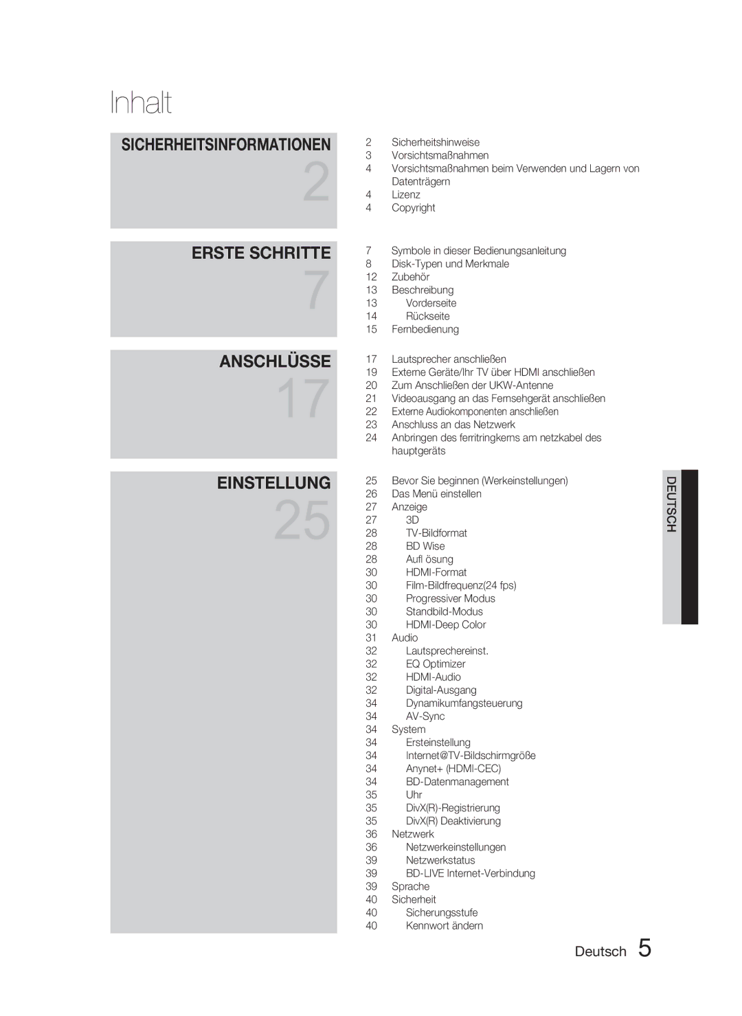 Samsung HT-C5800/XEE, HT-C5800/EDC, HT-C5800/XEF manual Inhalt 