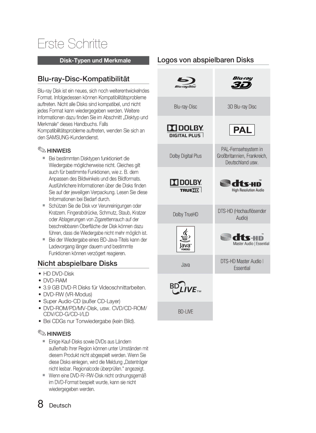 Samsung HT-C5800/XEE manual Blu-ray-Disc-Kompatibilität, Nicht abspielbare Disks, Disk-Typen und Merkmale, HD DVD-Disk 