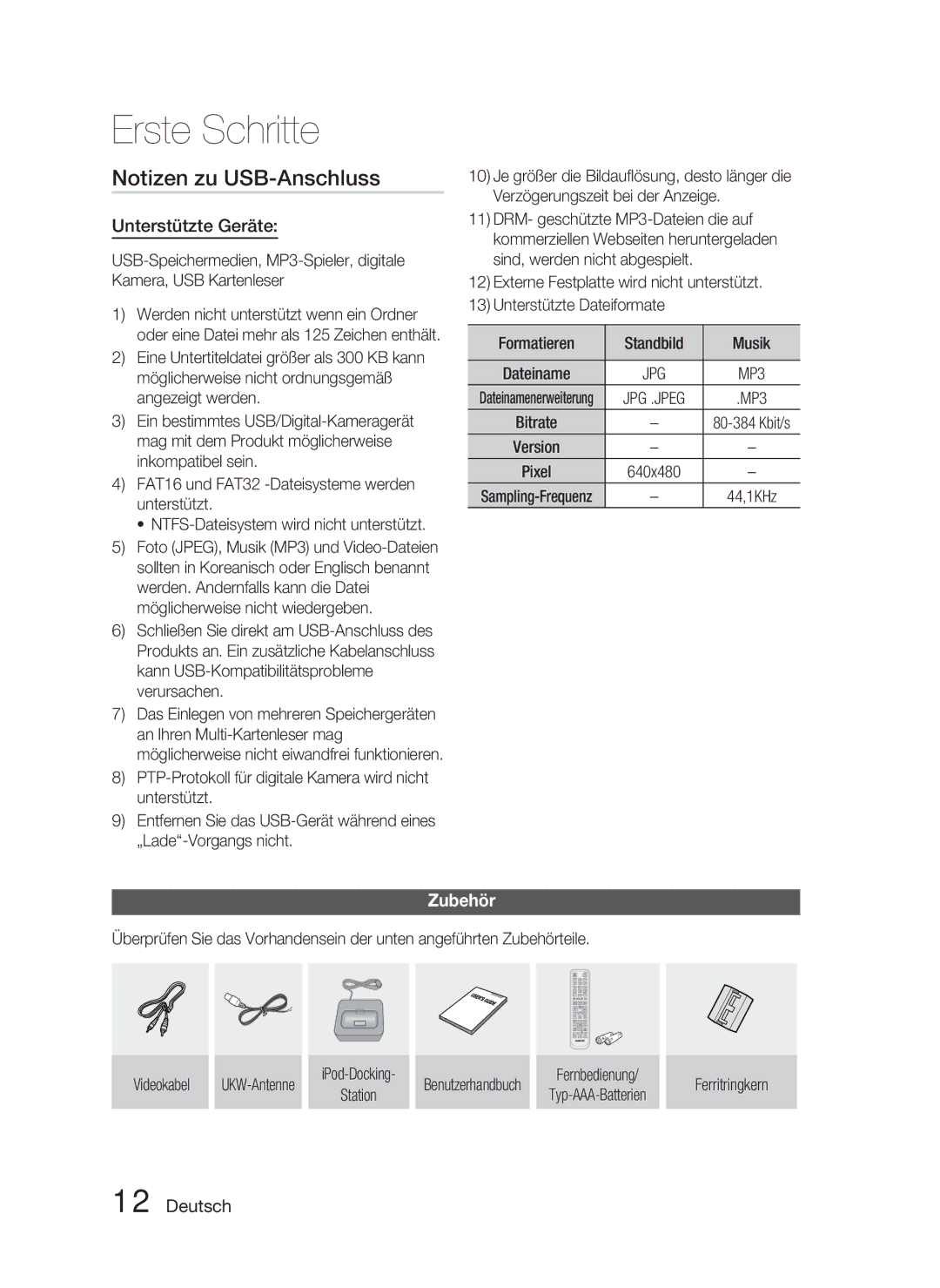 Samsung HT-C5800/EDC, HT-C5800/XEF manual Notizen zu USB-Anschluss, Unterstützte Geräte, Zubehör, IPod-Docking Station 