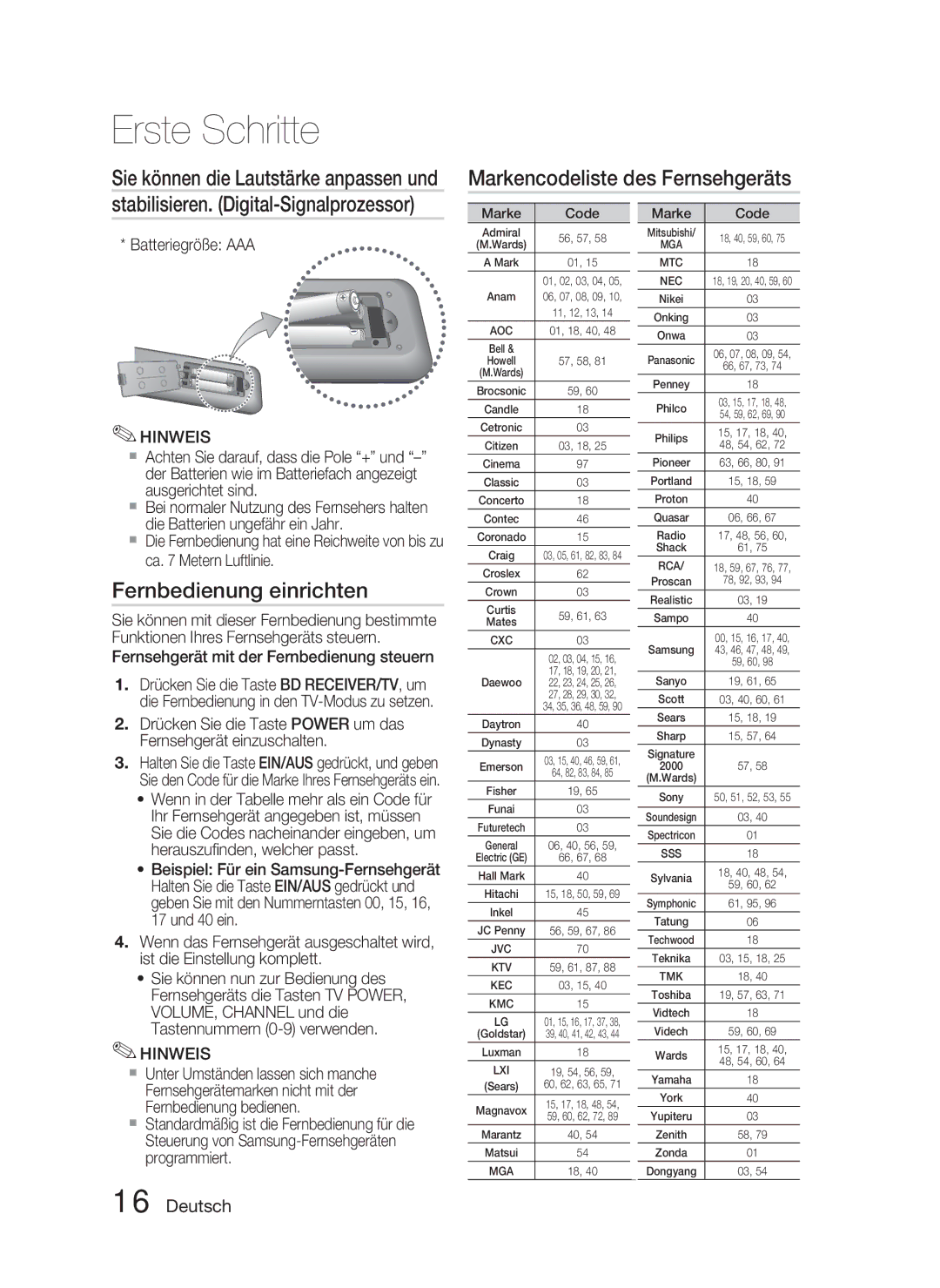 Samsung HT-C5800/XEF Markencodeliste des Fernsehgeräts, Fernbedienung einrichten, Sie können die Lautstärke anpassen und 