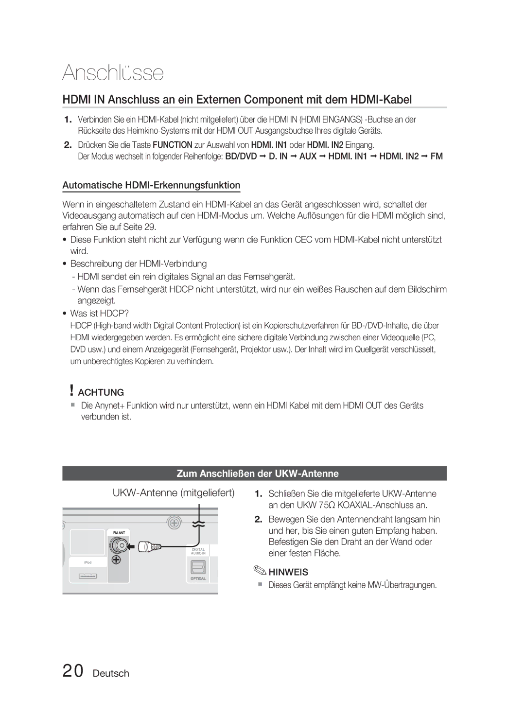 Samsung HT-C5800/XEE manual UKW-Antenne mitgeliefert, Automatische HDMI-Erkennungsfunktion, Zum Anschließen der UKW-Antenne 