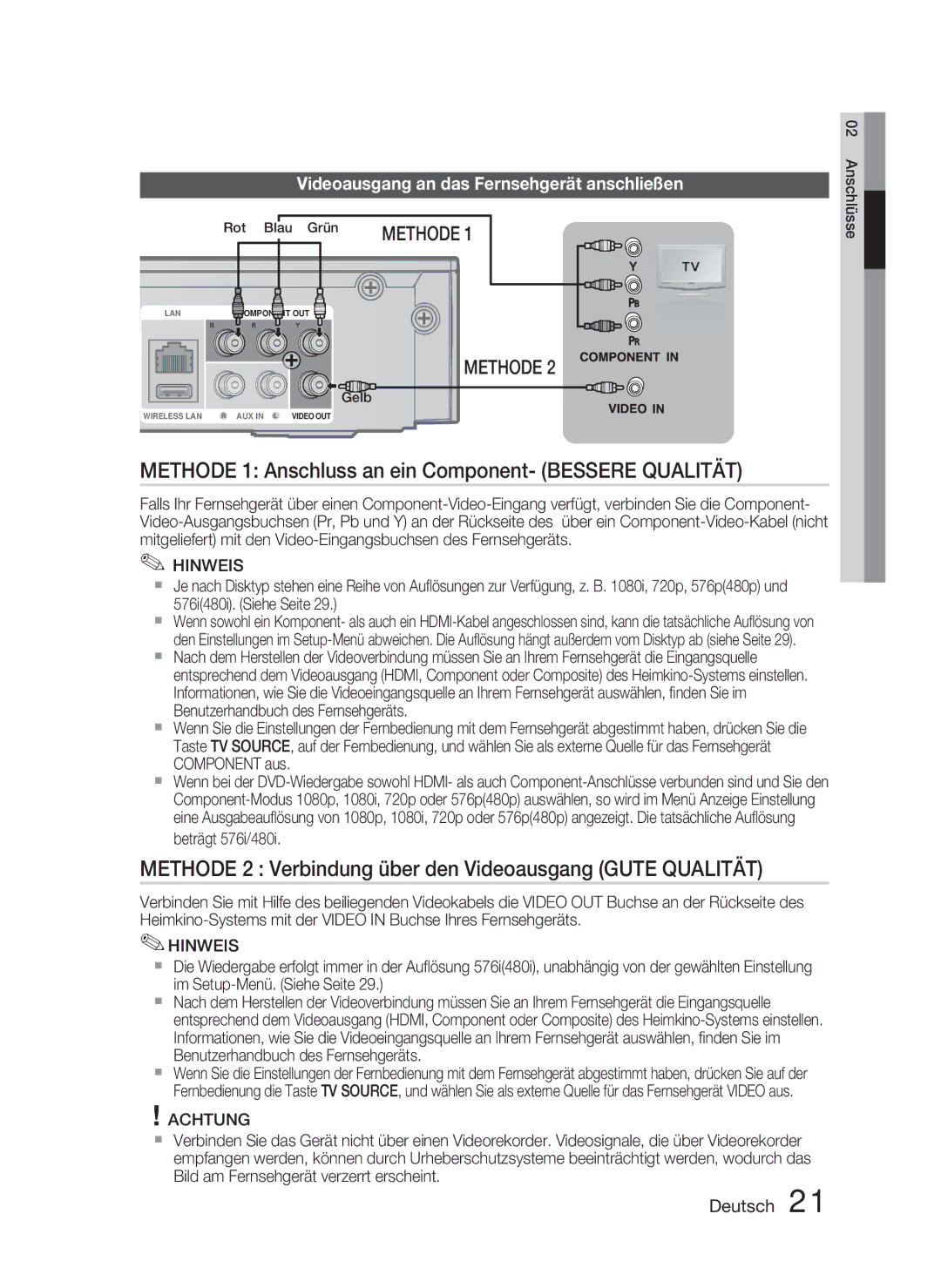 Samsung HT-C5800/EDC Methode 1 Anschluss an ein Component- Bessere Qualität, Videoausgang an das Fernsehgerät anschließen 