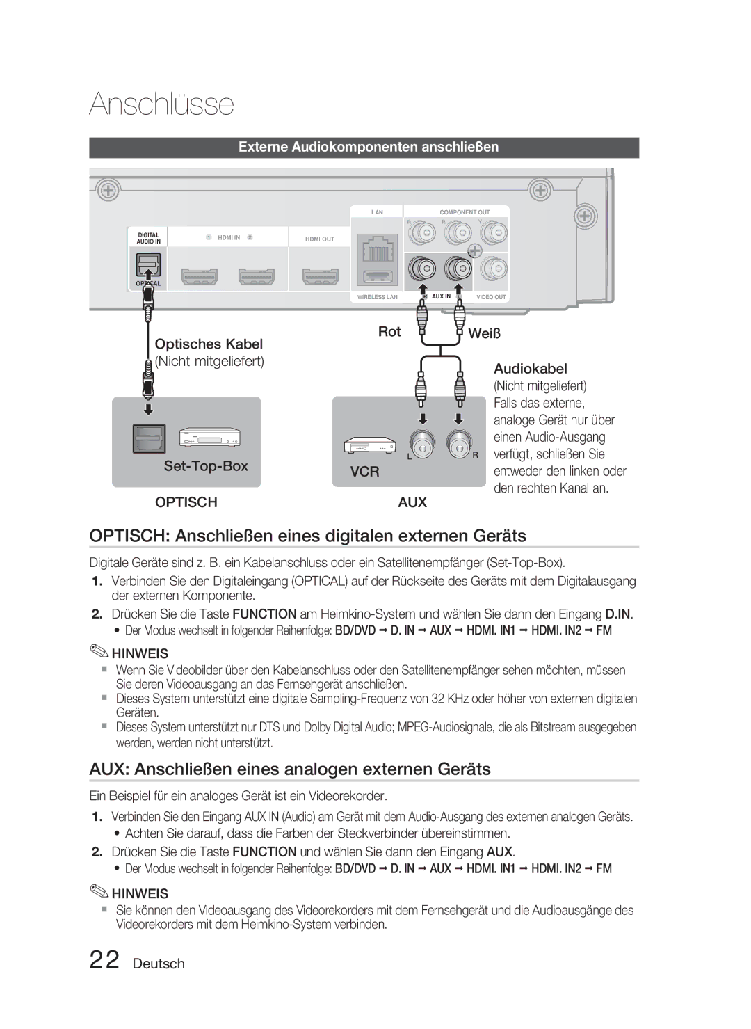 Samsung HT-C5800/XEF Optisch Anschließen eines digitalen externen Geräts, AUX Anschließen eines analogen externen Geräts 