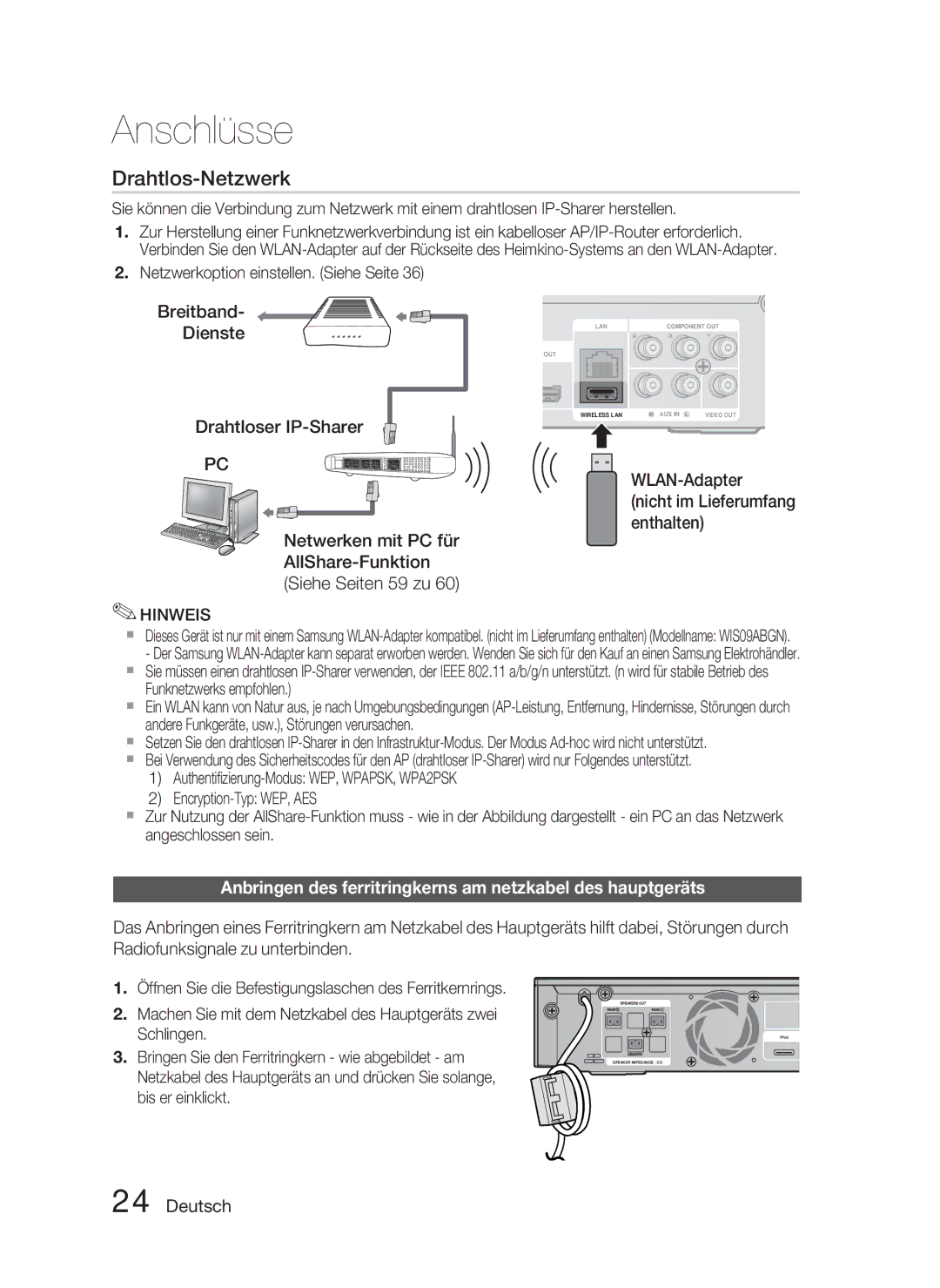 Samsung HT-C5800/EDC, HT-C5800/XEF, HT-C5800/XEE manual Breitband Dienste Drahtloser IP-Sharer, WLAN-Adapter 