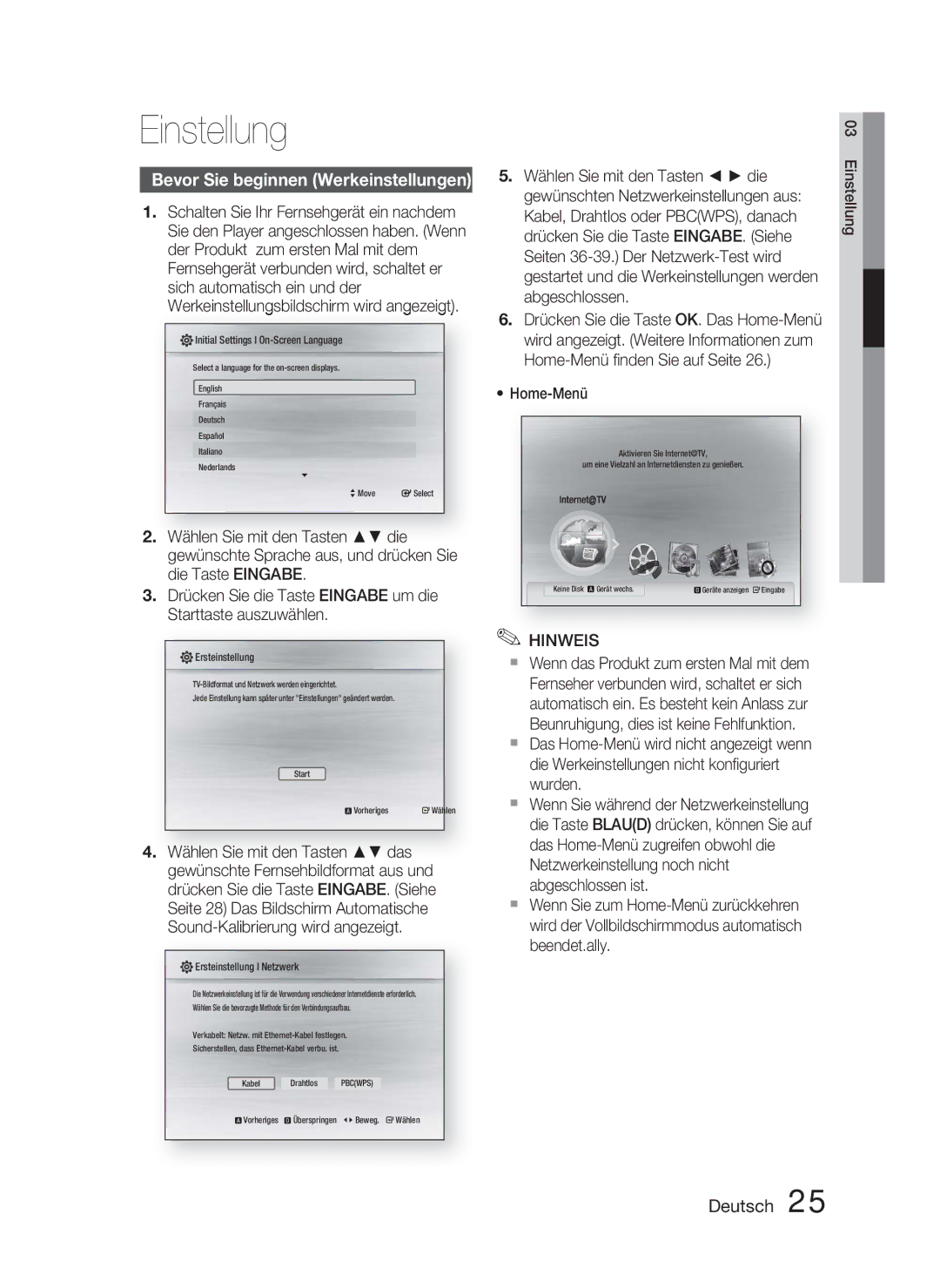 Samsung HT-C5800/XEF, HT-C5800/EDC manual Einstellung, Bevor Sie beginnen Werkeinstellungen, Wählen Sie mit den Tasten die 