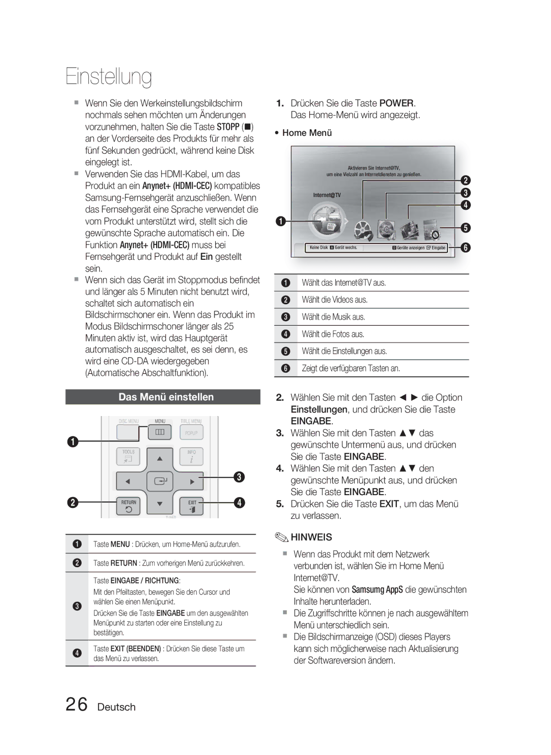 Samsung HT-C5800/XEE, HT-C5800/EDC, HT-C5800/XEF manual Das Menü einstellen, Eingabe 