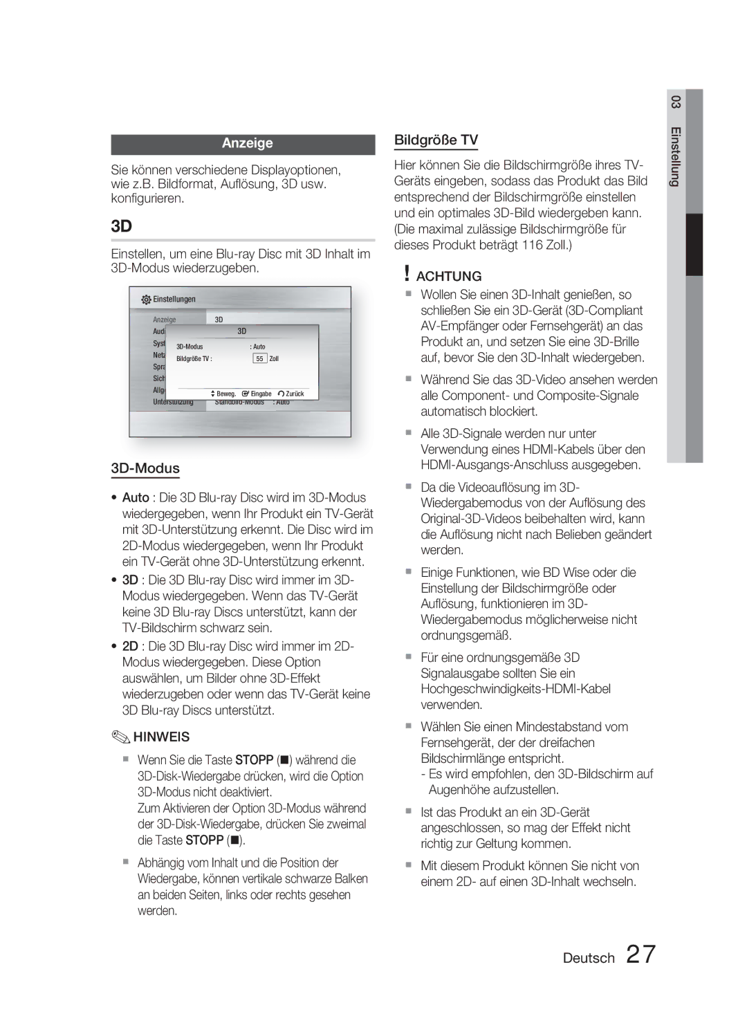 Samsung HT-C5800/EDC, HT-C5800/XEF, HT-C5800/XEE manual Anzeige, 3D-Modus, Bildgröße TV 