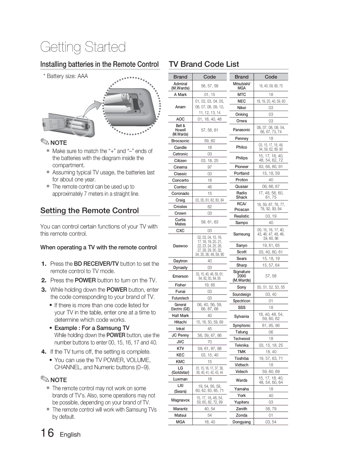 Samsung HT-C5800/XEF manual TV Brand Code List, Setting the Remote Control, Installing batteries in the Remote Control 