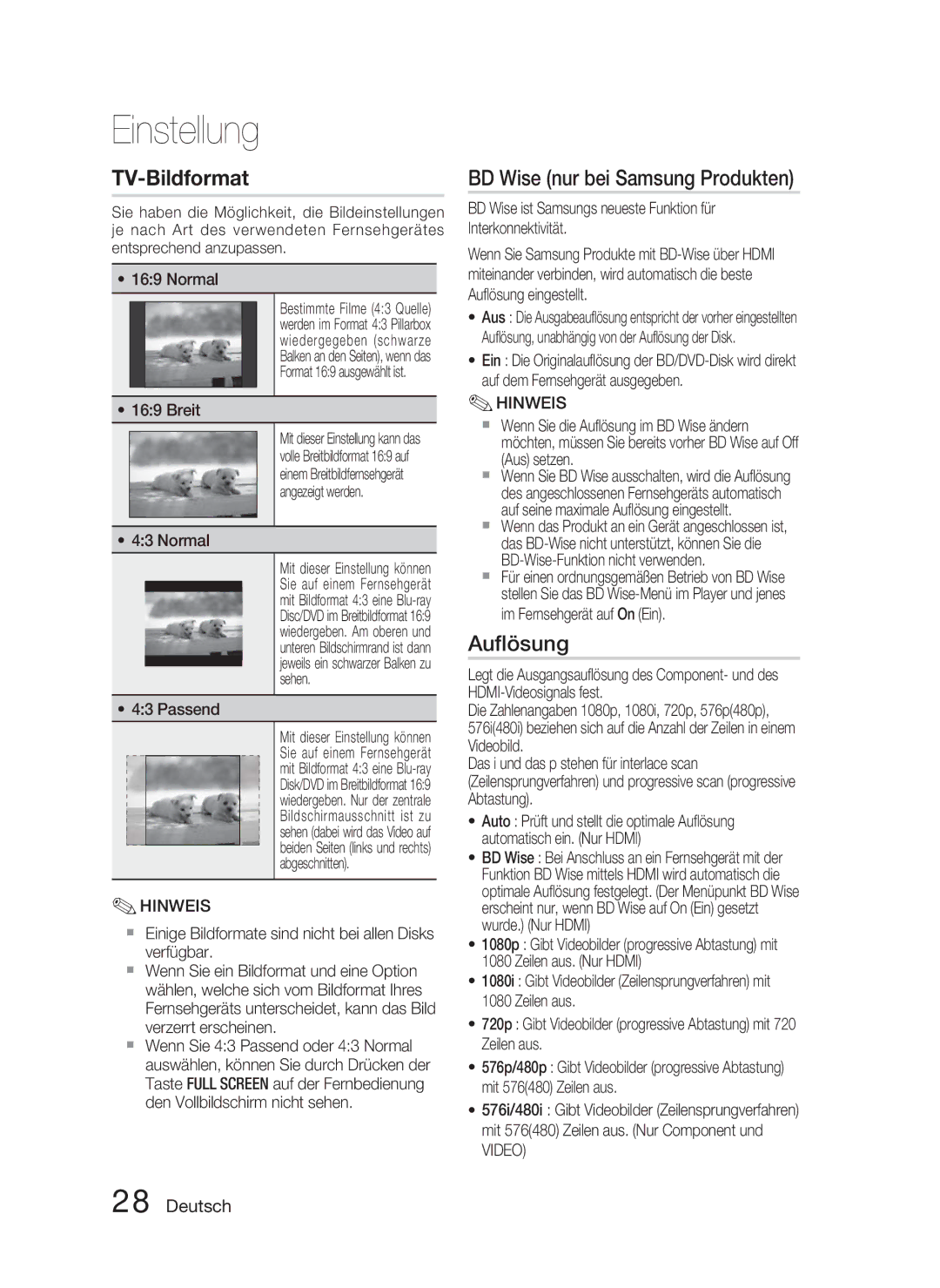 Samsung HT-C5800/XEF, HT-C5800/EDC, HT-C5800/XEE manual BD Wise nur bei Samsung Produkten, Auﬂösung, Breit, Passend, Video 