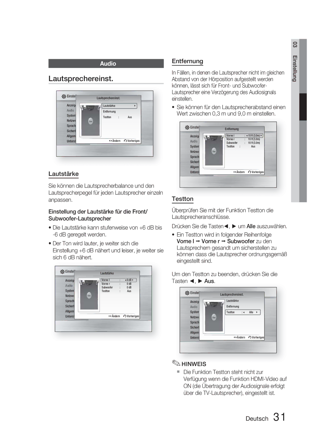 Samsung HT-C5800/XEF manual Lautsprechereinst, Lautstärke, Entfernung, Testton, Drücken Sie die Tasten, um Alle auszuwählen 