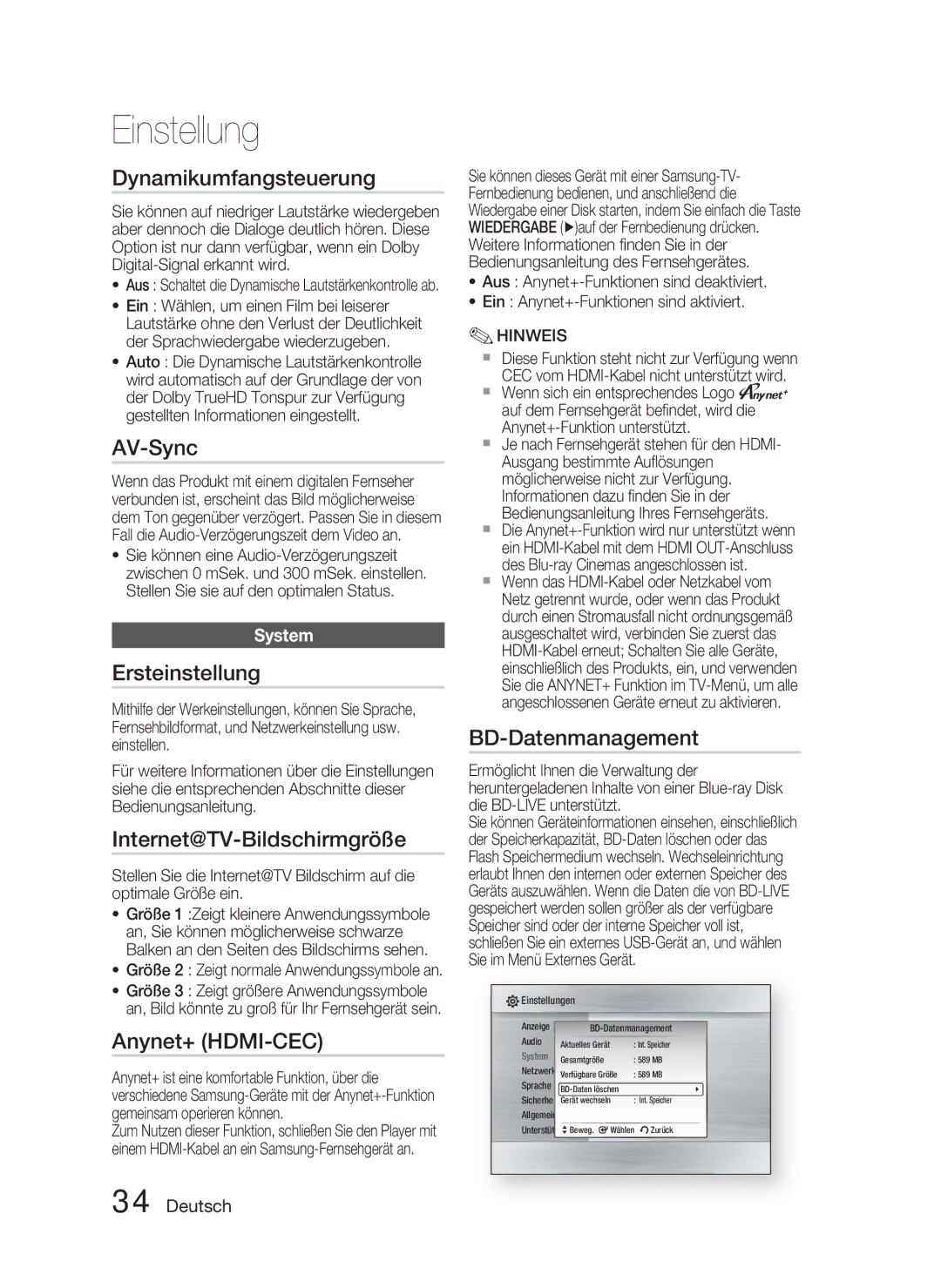 Samsung HT-C5800/XEF Dynamikumfangsteuerung, AV-Sync, Ersteinstellung, Internet@TV-Bildschirmgröße, BD-Datenmanagement 