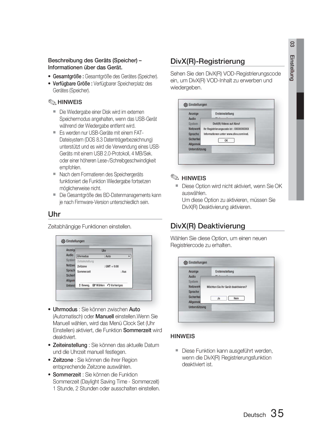 Samsung HT-C5800/XEE, HT-C5800/EDC manual Uhr, DivXR-Registrierung, DivXR Deaktivierung, Zeitabhängige Funktionen einstellen 