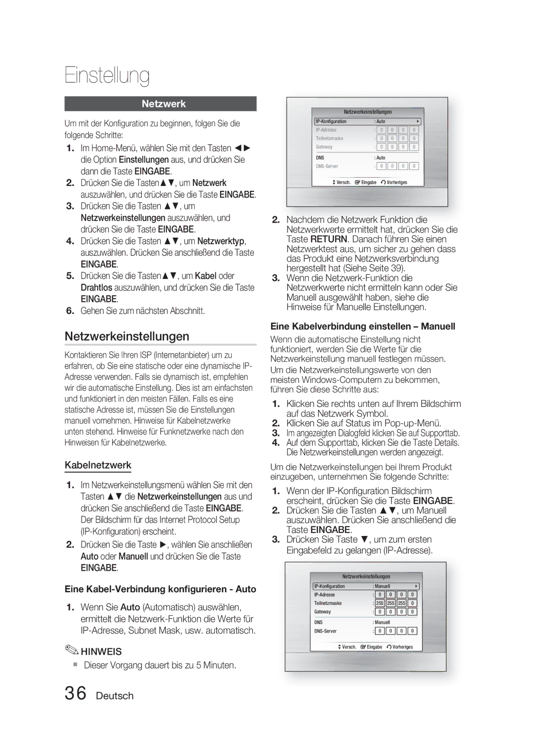 Samsung HT-C5800/EDC, HT-C5800/XEF manual Netzwerkeinstellungen, Kabelnetzwerk, Eine Kabelverbindung einstellen Manuell 