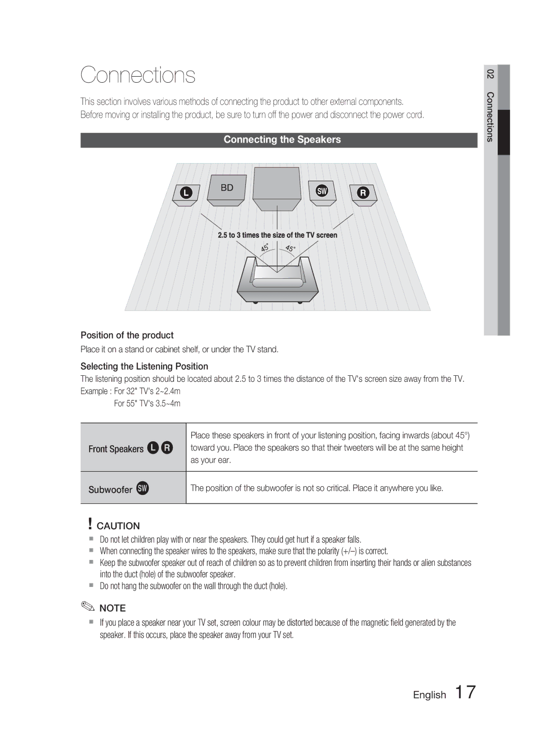 Samsung HT-C5800/XEE, HT-C5800/EDC, HT-C5800/XEF manual Connections, Connecting the Speakers, As your ear, Subwoofer g 