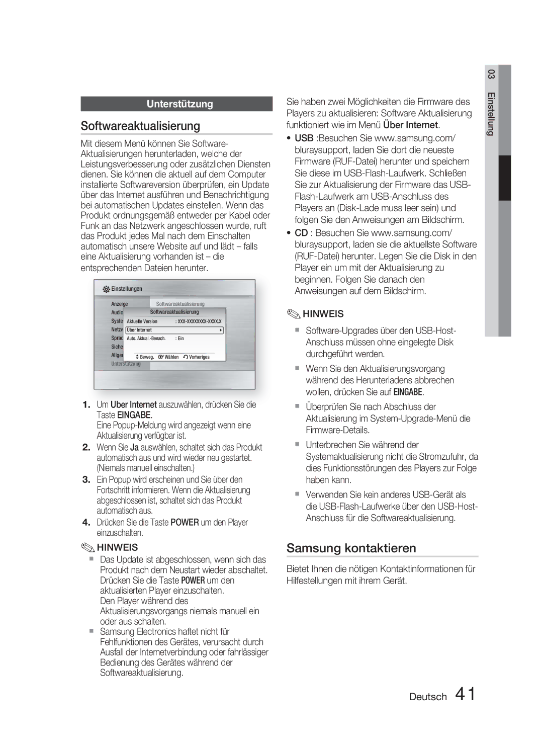 Samsung HT-C5800/XEE, HT-C5800/EDC, HT-C5800/XEF manual Softwareaktualisierung, Samsung kontaktieren, Unterstützung 