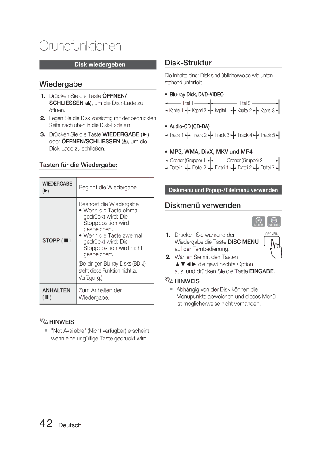 Samsung HT-C5800/EDC, HT-C5800/XEF, HT-C5800/XEE manual Grundfunktionen, Wiedergabe, Disk-Struktur, Diskmenü verwenden 