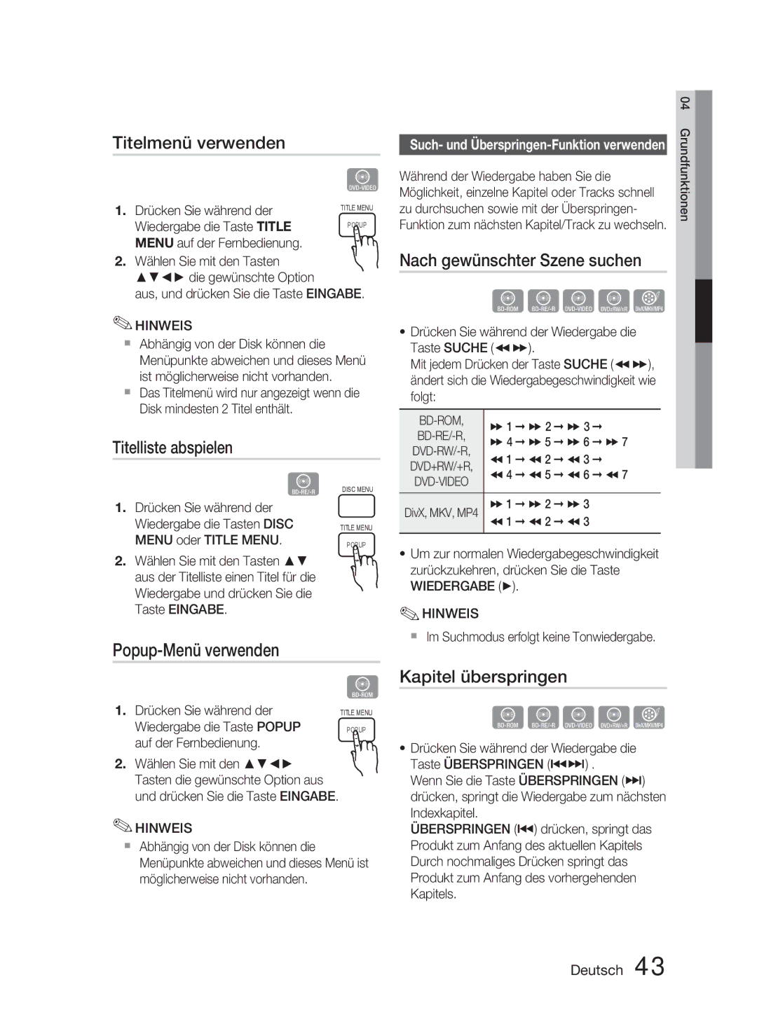 Samsung HT-C5800/XEF manual Titelmenü verwenden, Titelliste abspielen, Popup-Menü verwenden, Nach gewünschter Szene suchen 