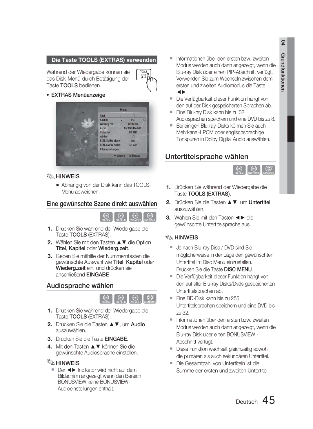 Samsung HT-C5800/EDC, HT-C5800/XEF manual Audiosprache wählen, Untertitelsprache wählen, Die Taste Tools Extras verwenden 