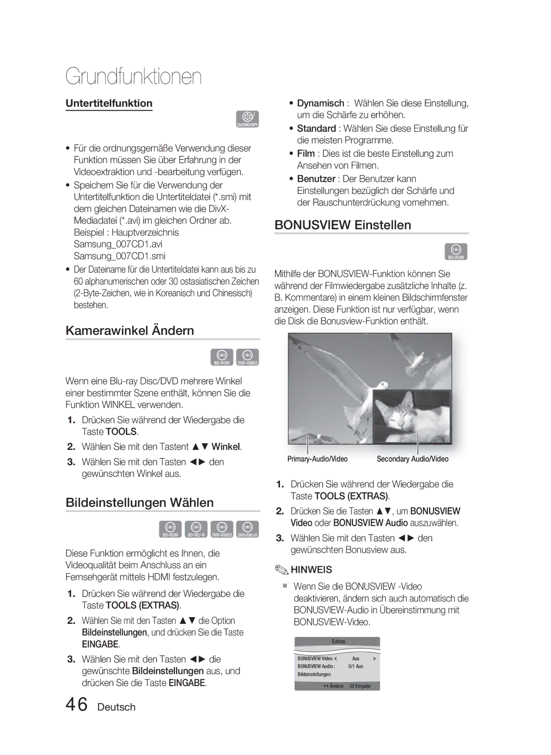 Samsung HT-C5800/XEF, HT-C5800/EDC, HT-C5800/XEE manual Kamerawinkel Ändern, Bildeinstellungen Wählen, Bonusview Einstellen 