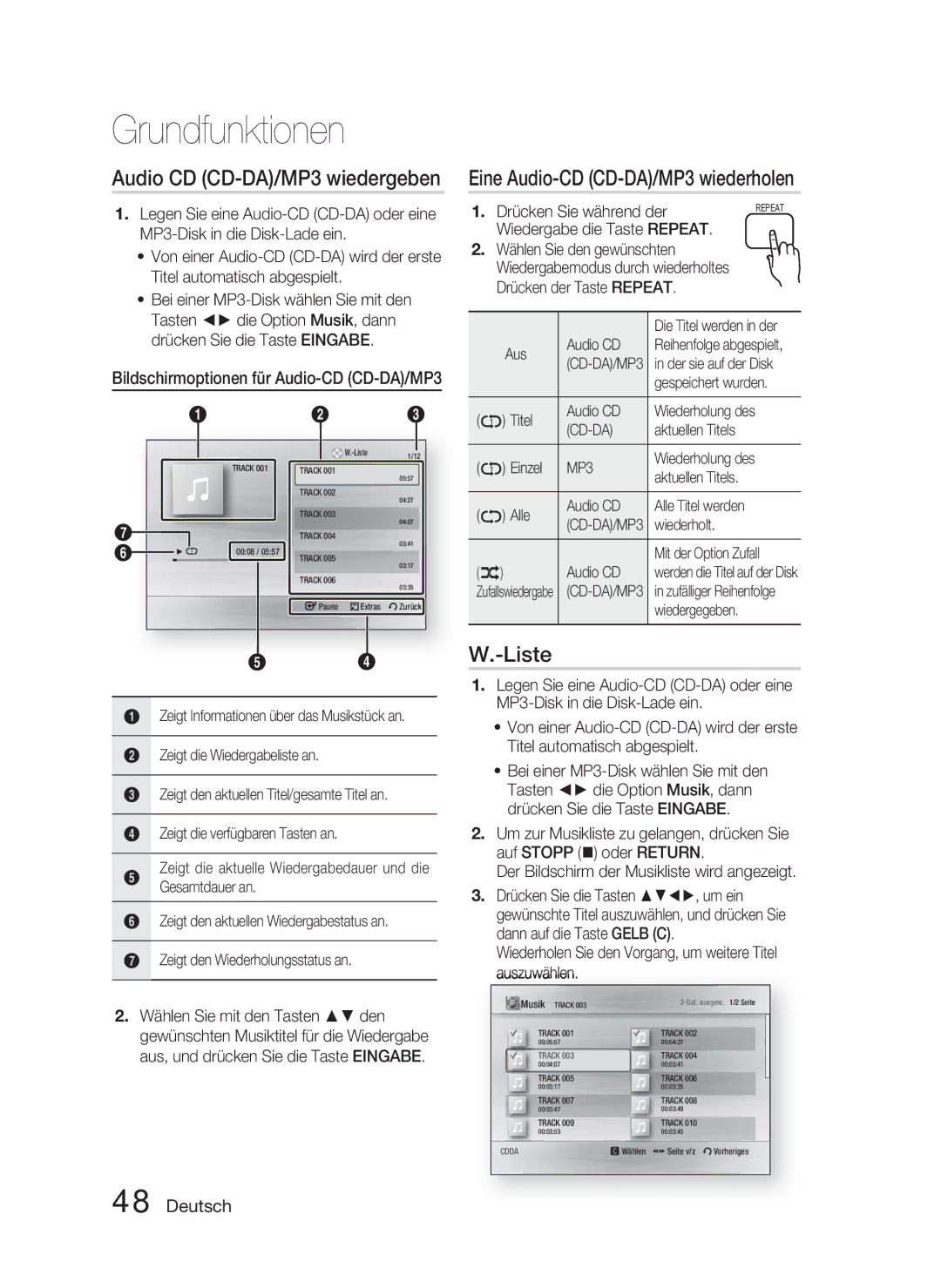 Samsung HT-C5800/EDC, HT-C5800/XEF, HT-C5800/XEE manual Eine Audio-CD CD-DA/MP3 wiederholen, Liste 