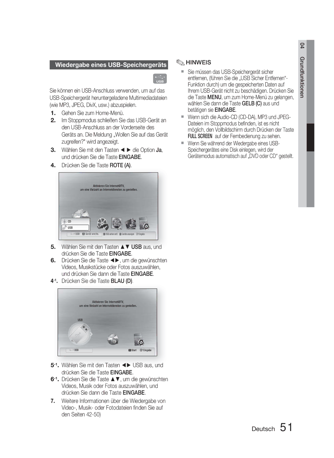 Samsung HT-C5800/EDC manual Wiedergabe eines USB-Speichergeräts, Gehen Sie zum Home-Menü, Drücken Sie die Taste Rote a 