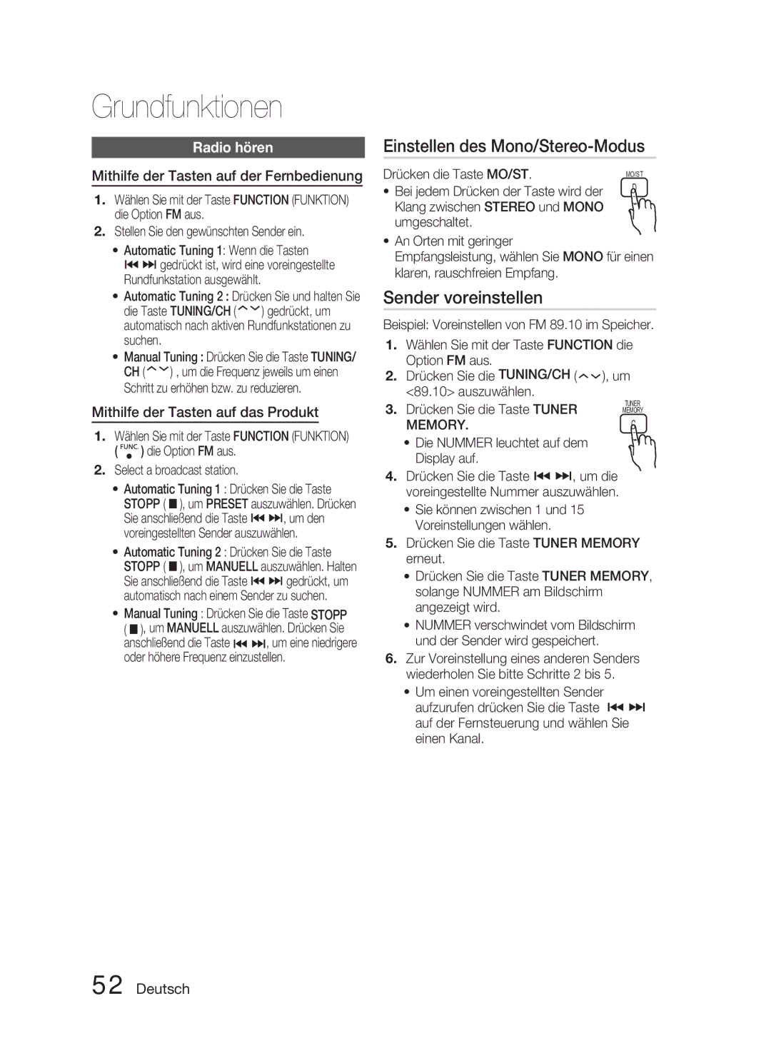 Samsung HT-C5800/XEF, HT-C5800/EDC, HT-C5800/XEE manual Einstellen des Mono/Stereo-Modus, Sender voreinstellen, Radio hören 