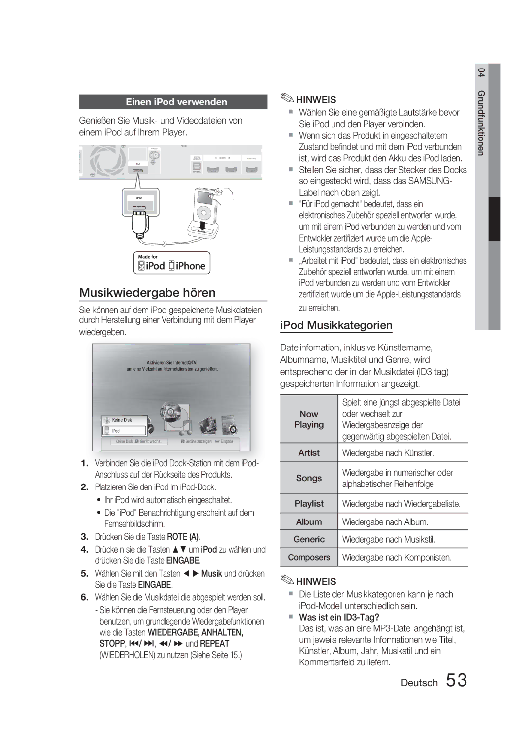 Samsung HT-C5800/XEE, HT-C5800/EDC, HT-C5800/XEF manual Musikwiedergabe hören, IPod Musikkategorien, Einen iPod verwenden 