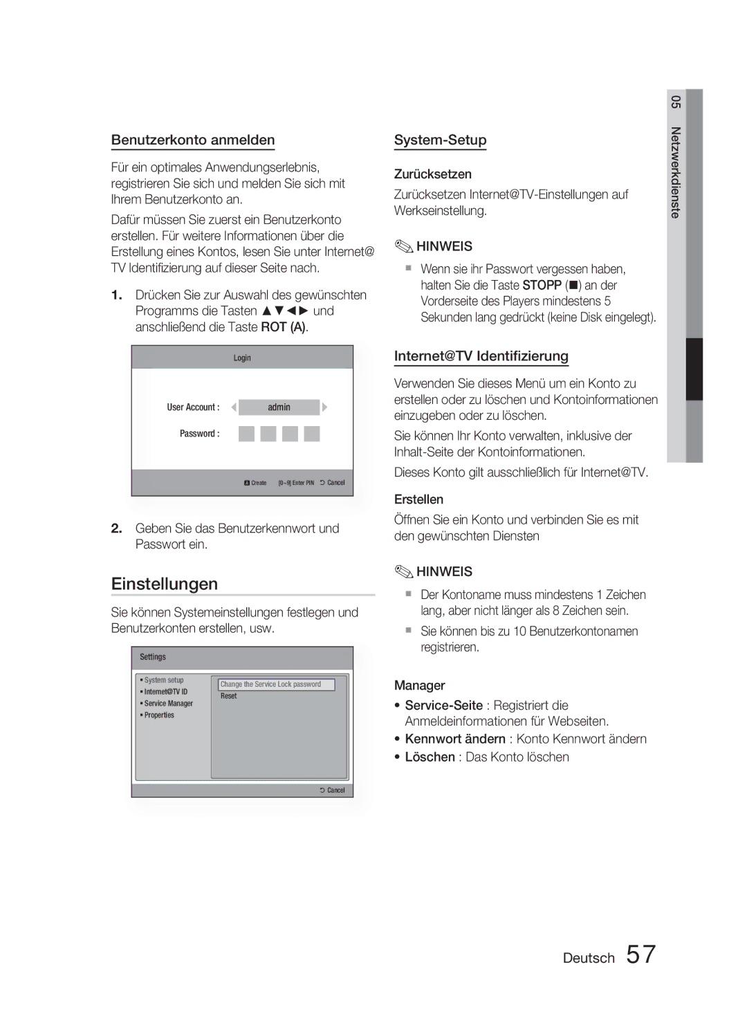 Samsung HT-C5800/EDC, HT-C5800/XEF manual Einstellungen, Benutzerkonto anmelden, System-Setup, Internet@TV Identiﬁzierung 