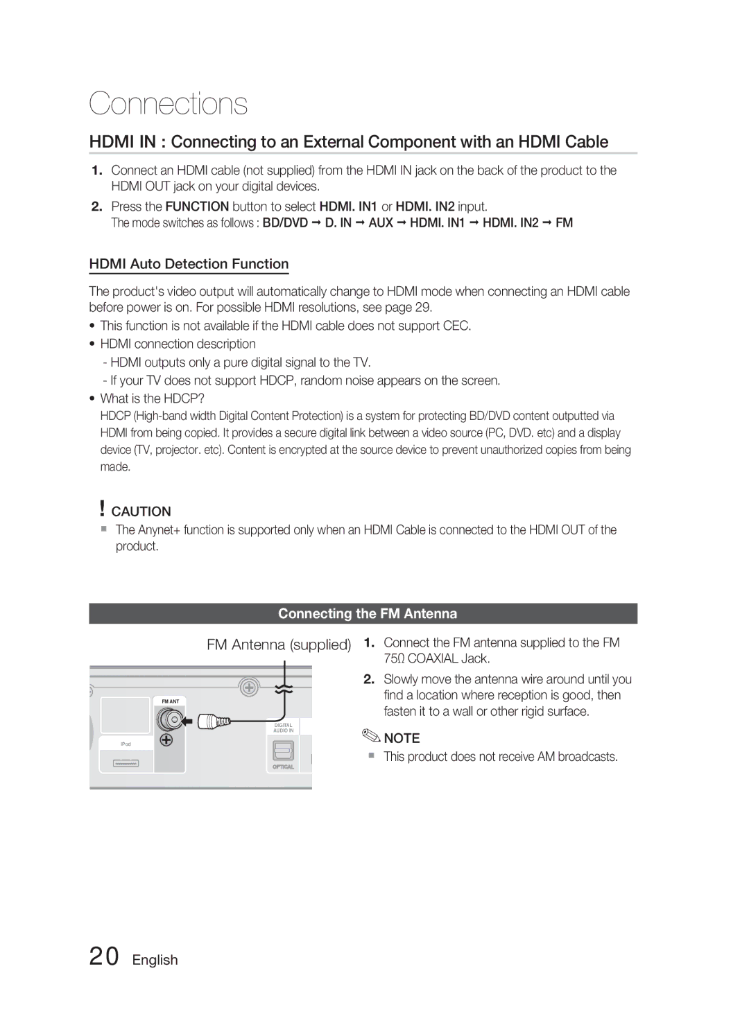 Samsung HT-C5800/XEE manual FM Antenna supplied, Hdmi Auto Detection Function, Connecting the FM Antenna, HDMI. IN2 FM 