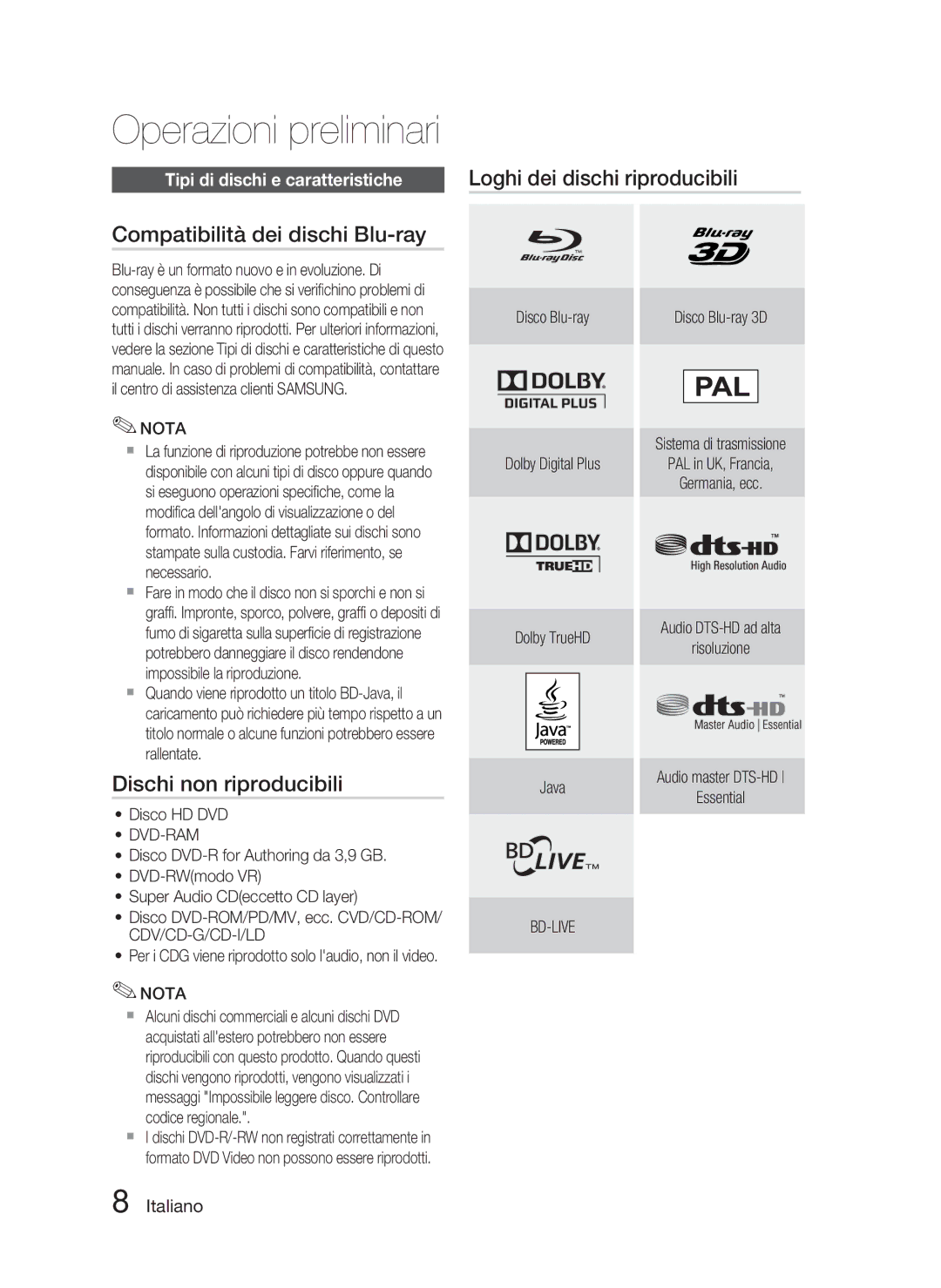 Samsung HT-C5800/XEE manual Compatibilità dei dischi Blu-ray, Dischi non riproducibili, Tipi di dischi e caratteristiche 