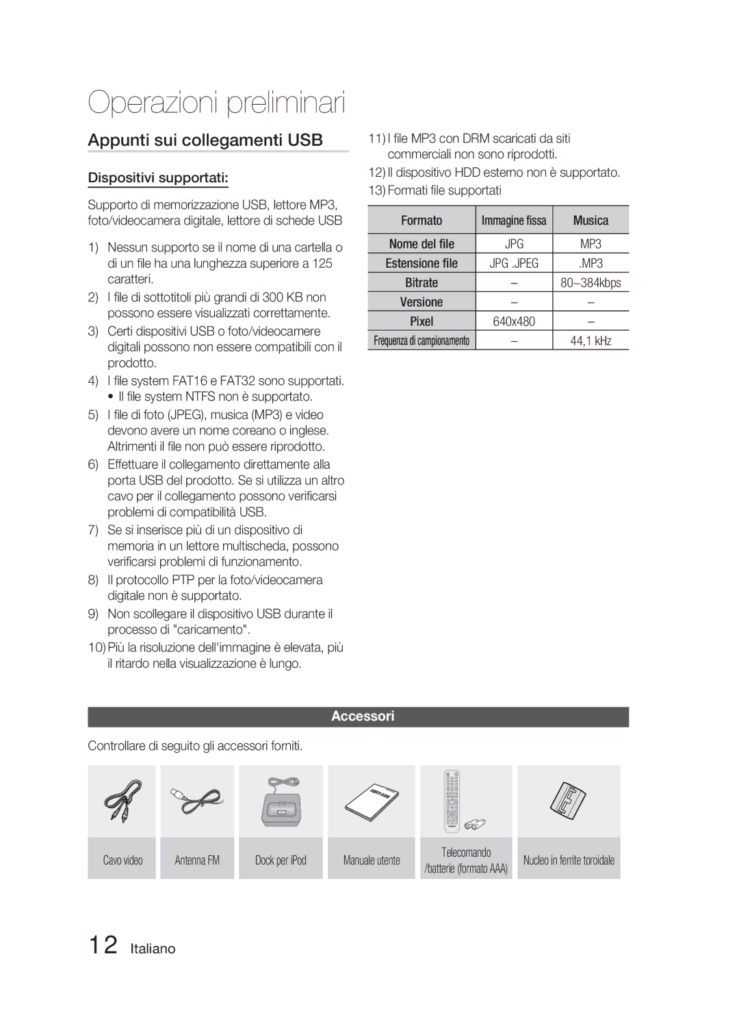 Samsung HT-C5800/EDC, HT-C5800/XEF, HT-C5800/XEE manual Appunti sui collegamenti USB, Dispositivi supportati, Accessori 