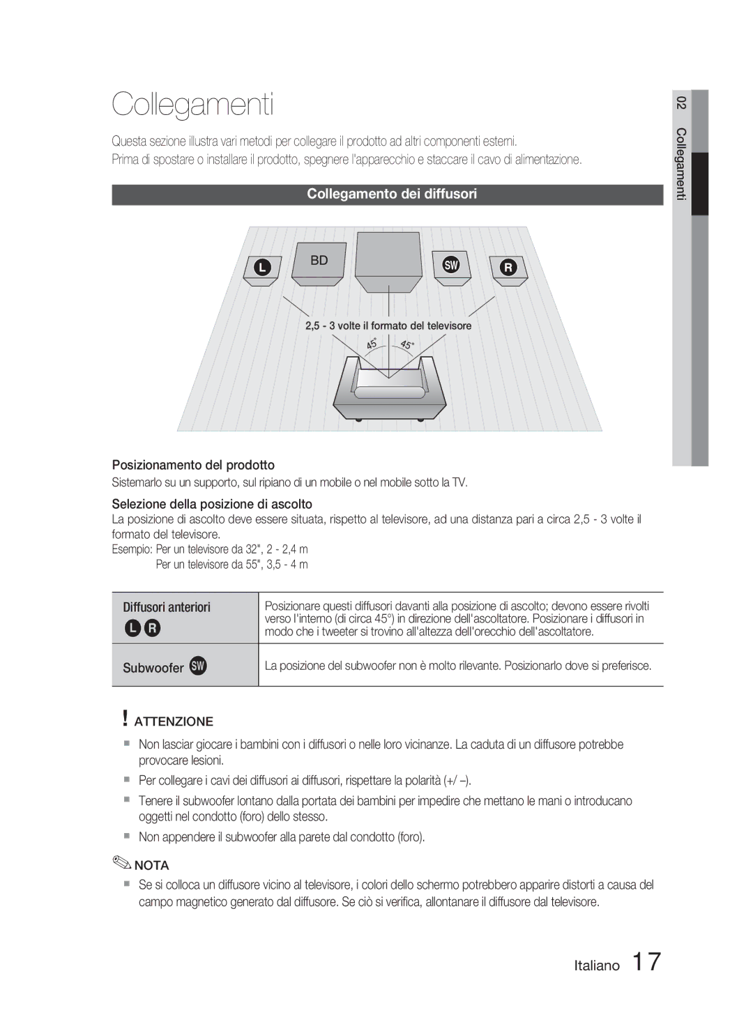 Samsung HT-C5800/XEE, HT-C5800/EDC, HT-C5800/XEF Collegamenti, Collegamento dei diffusori, Diffusori anteriori Subwoofer g 