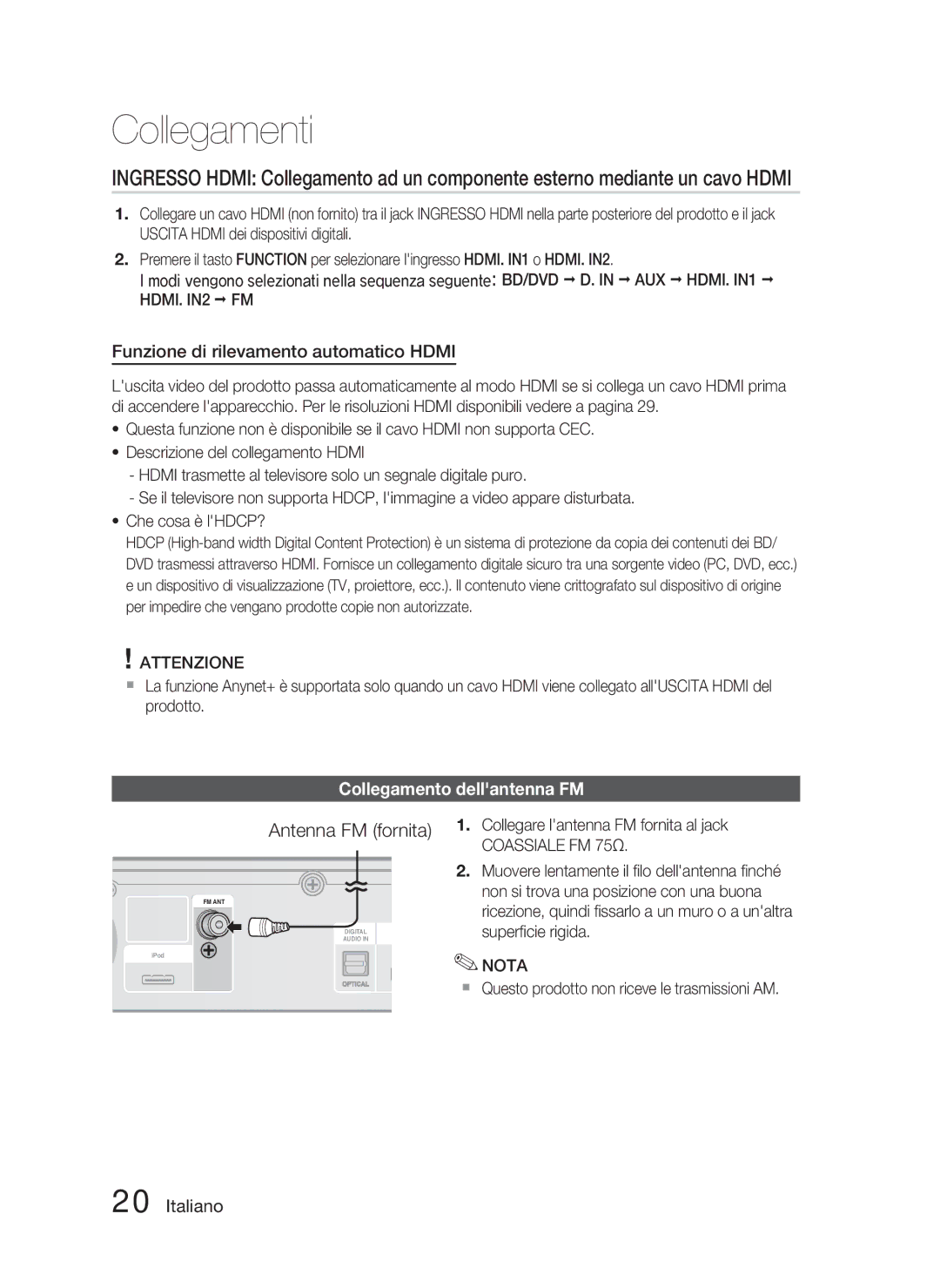 Samsung HT-C5800/XEE manual Antenna FM fornita, Funzione di rilevamento automatico Hdmi, Collegamento dellantenna FM 