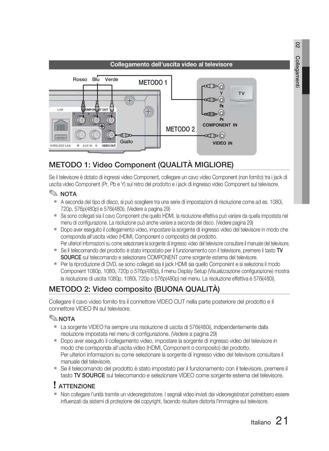 Samsung HT-C5800/EDC manual Metodo 1 Video Component Qualità Migliore, Metodo 2 Video composito Buona Qualità, Giallo 