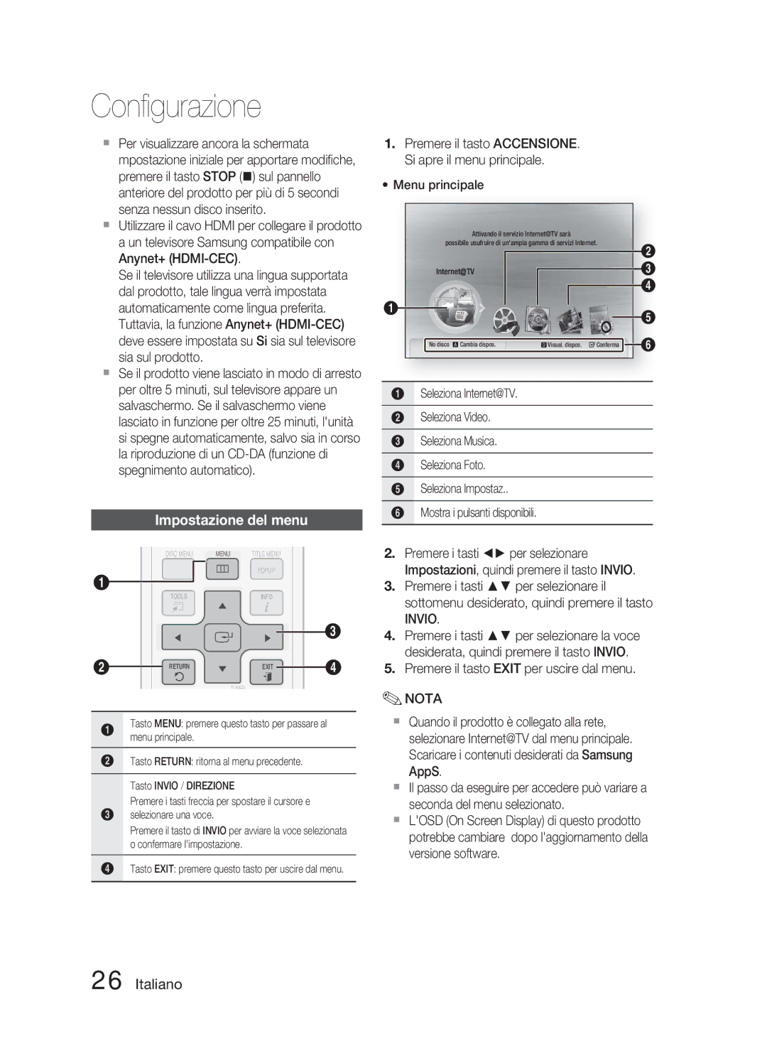 Samsung HT-C5800/XEE, HT-C5800/EDC, HT-C5800/XEF manual Conﬁgurazione, Impostazione del menu 