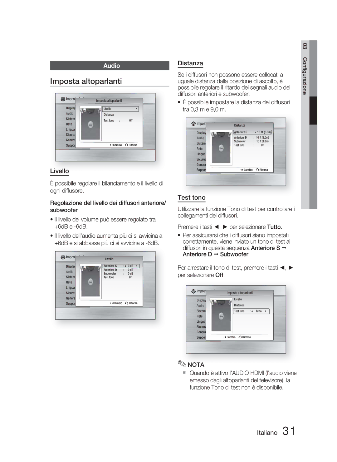 Samsung HT-C5800/XEF, HT-C5800/EDC, HT-C5800/XEE manual Imposta altoparlanti, Livello, Distanza, Test tono 