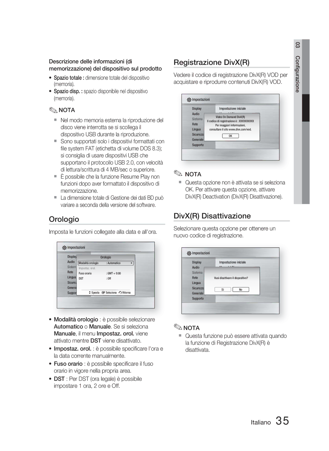 Samsung HT-C5800/XEE Registrazione DivXR, Orologio, DivXR Disattivazione, Imposta le funzioni collegate alla data e allora 