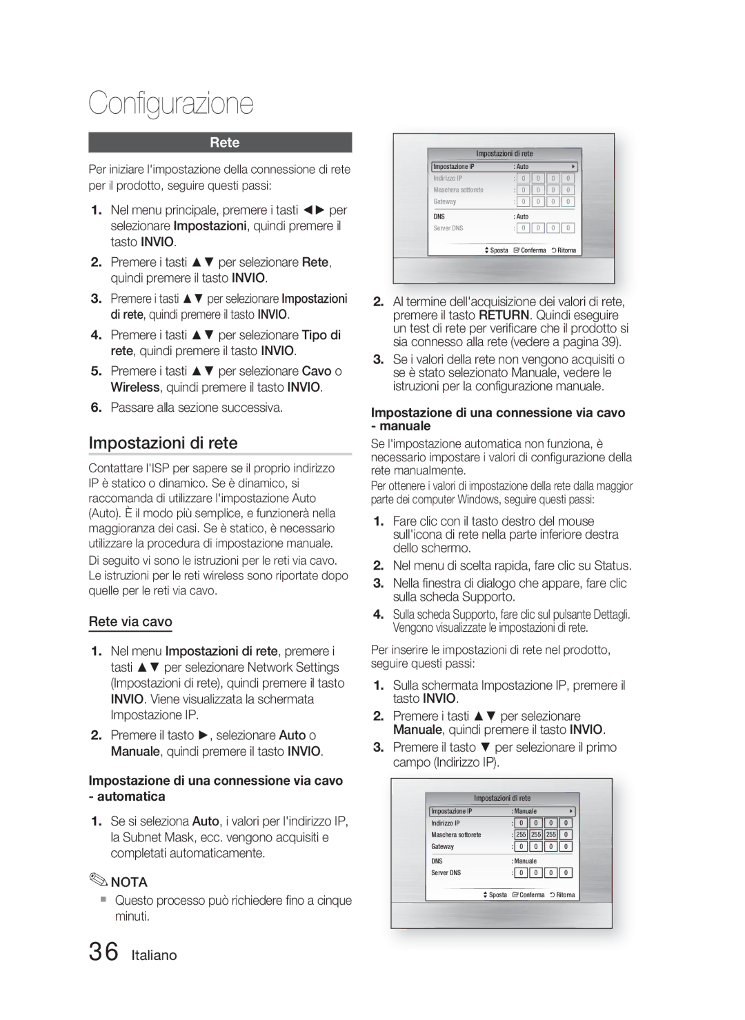 Samsung HT-C5800/EDC manual Impostazioni di rete, Rete via cavo, Impostazione di una connessione via cavo Automatica 