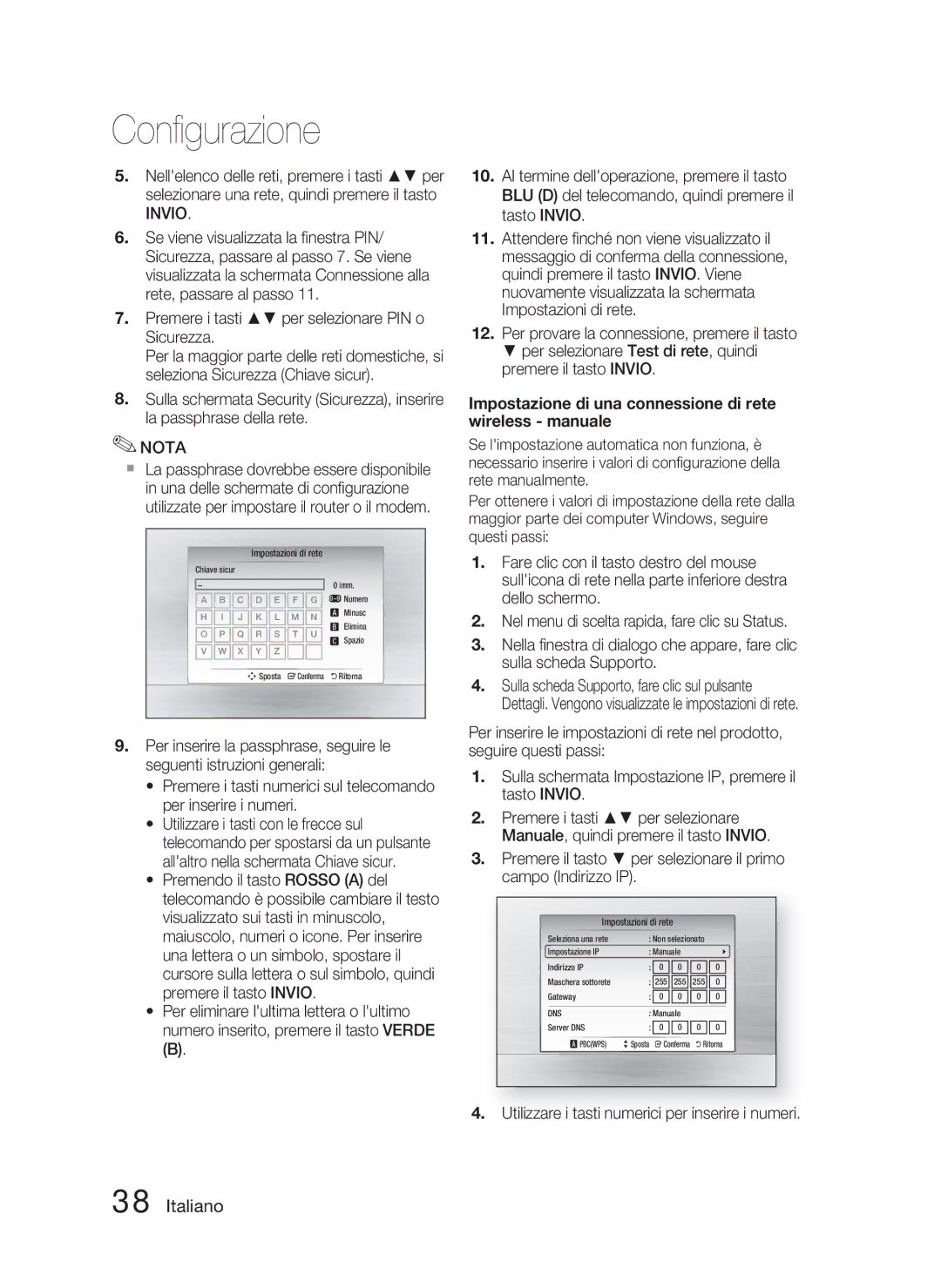 Samsung HT-C5800/XEE, HT-C5800/EDC, HT-C5800/XEF Impostazione di una connessione di rete wireless manuale 