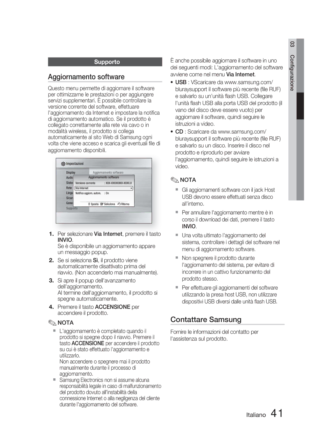 Samsung HT-C5800/XEE, HT-C5800/EDC, HT-C5800/XEF manual Aggiornamento software, Contattare Samsung, Supporto 