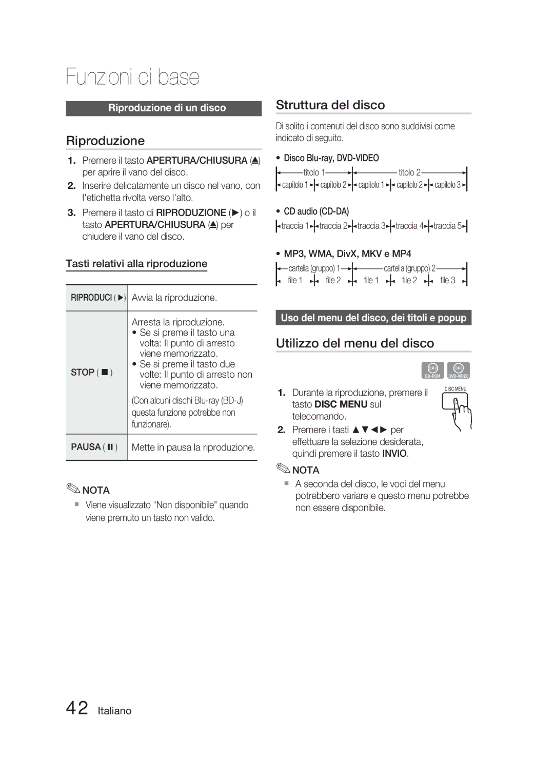 Samsung HT-C5800/EDC, HT-C5800/XEF manual Funzioni di base, Riproduzione, Struttura del disco, Utilizzo del menu del disco 