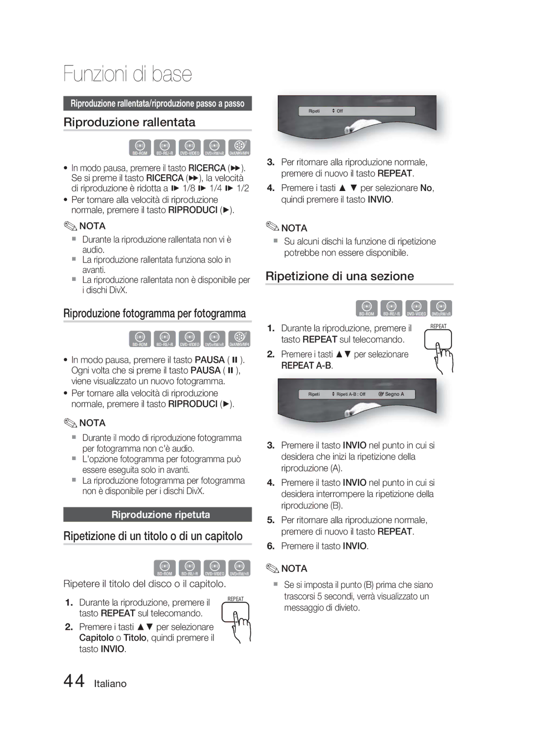 Samsung HT-C5800/XEE manual Riproduzione rallentata, Ripetizione di una sezione, Riproduzione fotogramma per fotogramma 