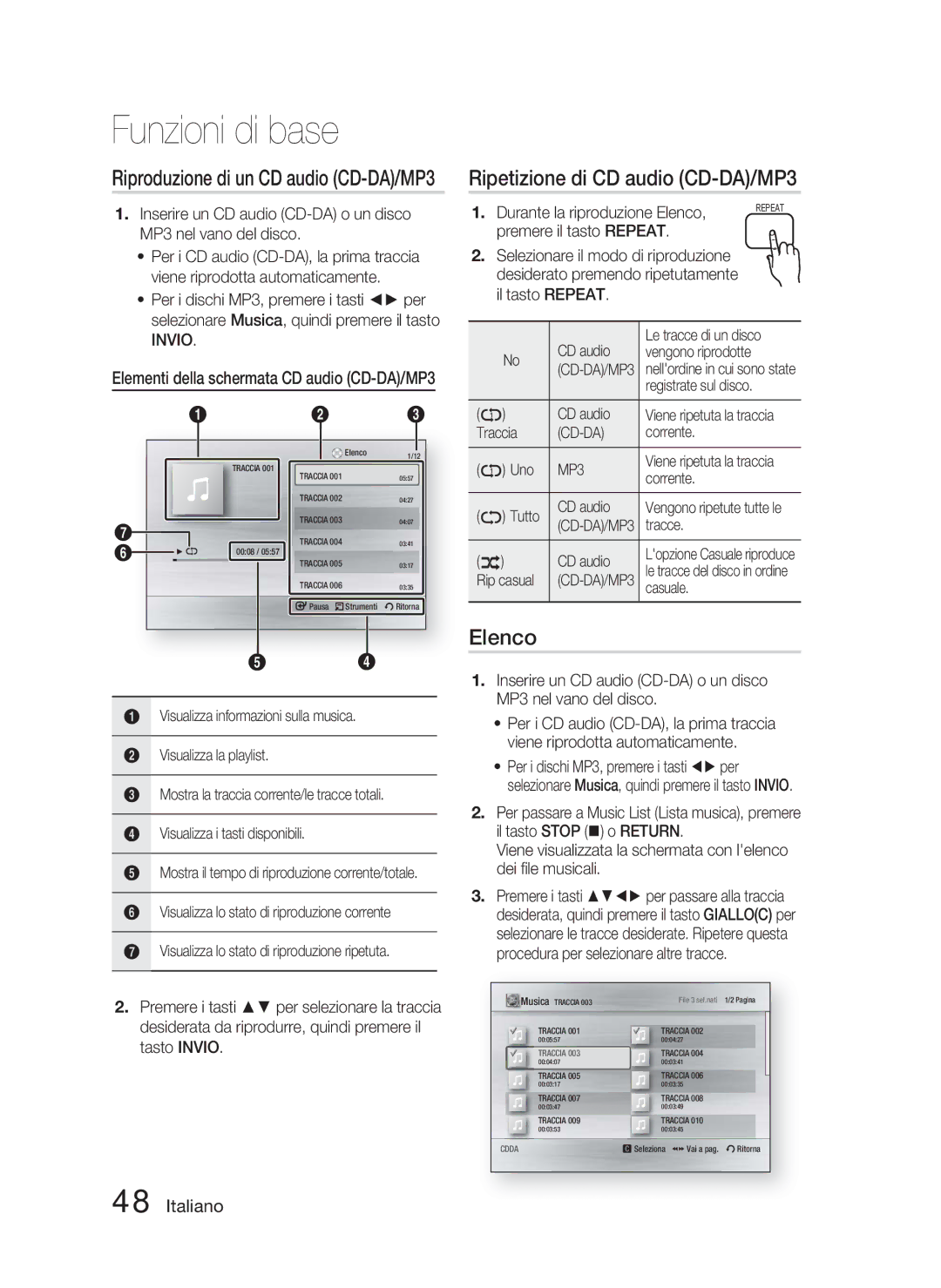 Samsung HT-C5800/EDC, HT-C5800/XEF manual Ripetizione di CD audio CD-DA/MP3, Elenco, Riproduzione di un CD audio CD-DA/MP3 