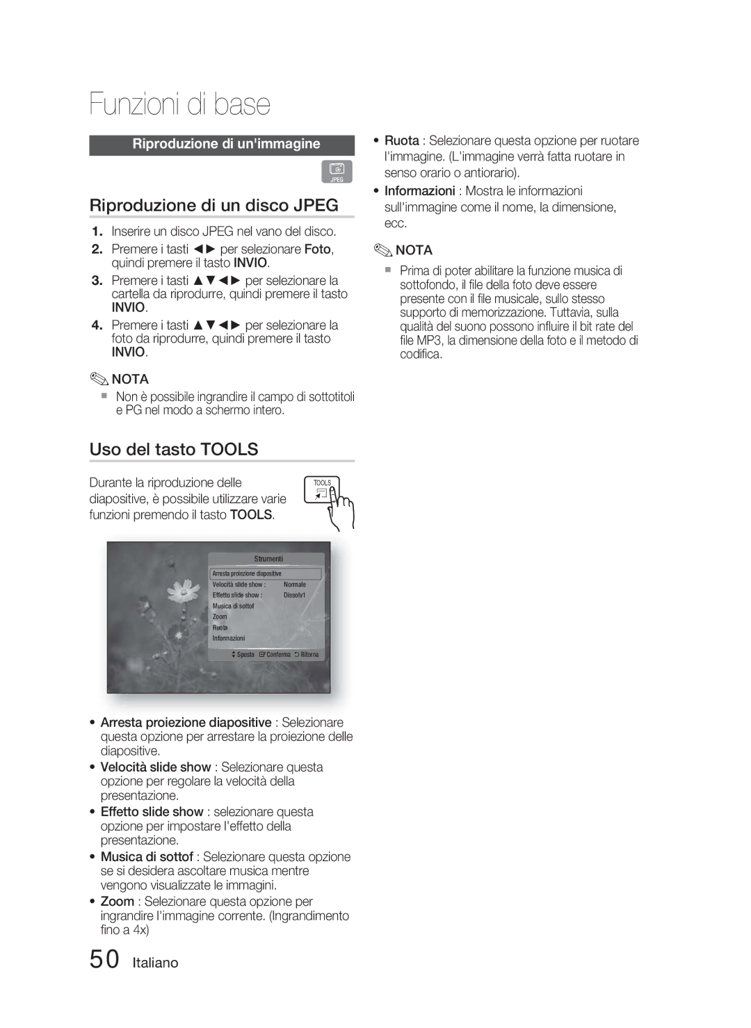 Samsung HT-C5800/XEE, HT-C5800/EDC manual Riproduzione di un disco Jpeg, Uso del tasto Tools, Riproduzione di unimmagine 