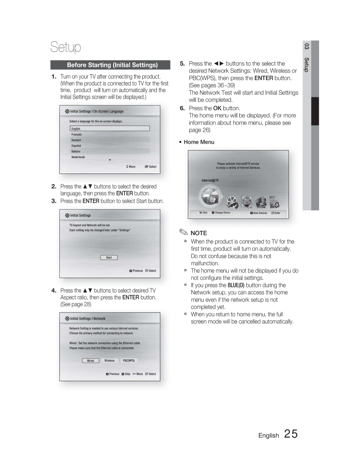 Samsung HT-C5800/XEF, HT-C5800/EDC, HT-C5800/XEE manual Setup, Before Starting Initial Settings 