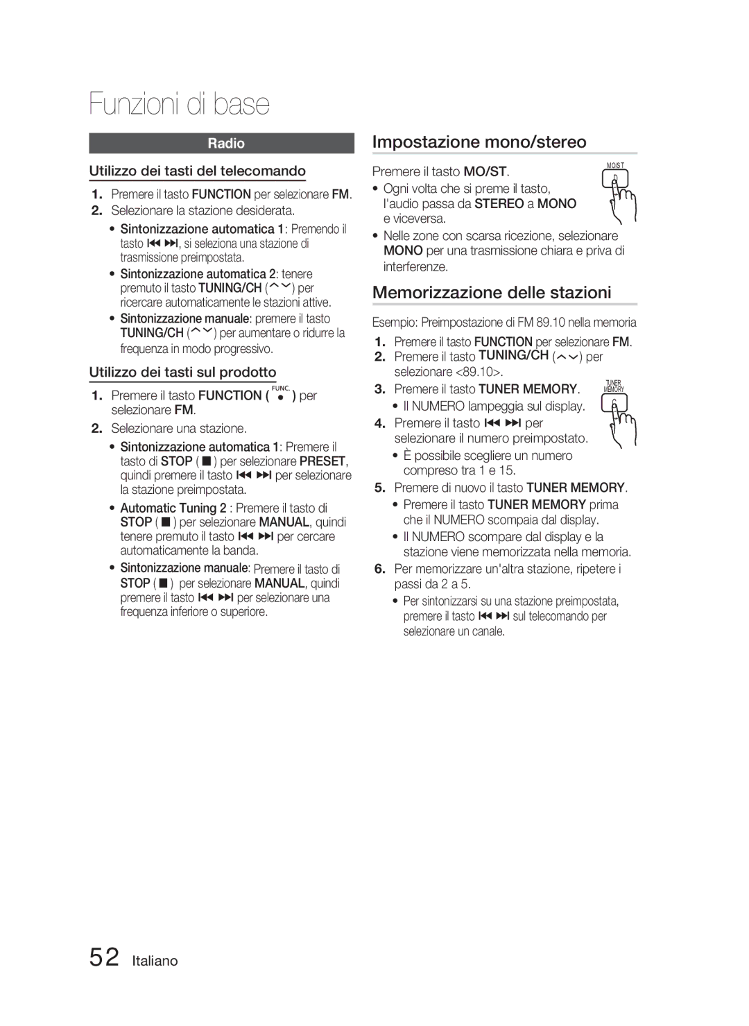 Samsung HT-C5800/XEF Impostazione mono/stereo, Memorizzazione delle stazioni, Radio, Utilizzo dei tasti del telecomando 